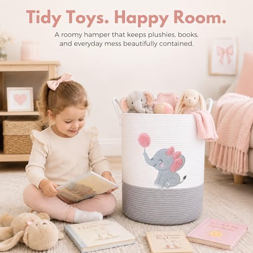 Elephant Baby Laundry Basket for Girl Nursery, Pink Rope Hamper, 20x15 in - Image 4