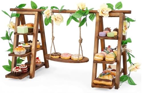 3 Tier Wooden Cupcake Stand with Swing & Flower Decor for Cake Fruit Snack by Beolisav