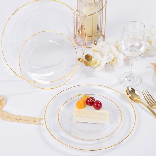 bUCLA 100PCS Clear and Gold Plastic Plates - Clear Disposable With Gold Rim Include 50 Each (10 inch Dinner & 7 inch Dessert) Plates, Ideal for Party & Thanksgiving - Image 3