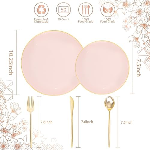 I00000 150 PCS Pink Plastic Plates,Heavy Duty Pink Disposable Plates - Image 3