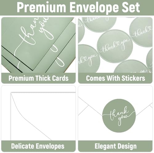 Naozinebi 100 Pack Thank You Cards with Envelopes and Stickers 6x8 Inches Green Sage Thanks Greetings Card Minimalistic Elegant Blank Cards for Wedding Baby Shower Birthday Holiday Supplies - Image 3