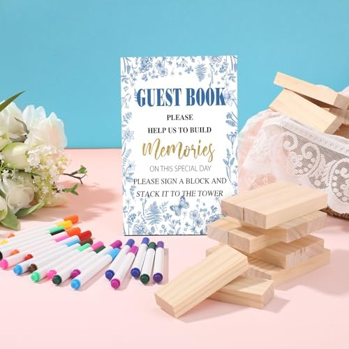 80 Wedding Guest Book Alternative tumbling tower Wooden Block, Chinoiserie - Image 2