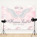 9x6ft Baby Shower Backdrop Baby Girl Heaven Sent Photography Background White Wings Clouds Pink Sky Paradise Princess Girls Party Banner Decorations Newborn Gender Reveal Photo Booth Prop - Image 4