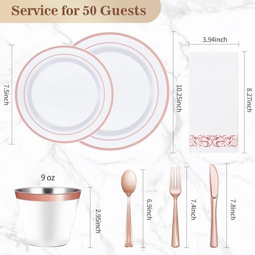 BESTVIP 350 PCS Rose Gold Disposable Plastic Dinnerware Set for 50 Guests - Image 4