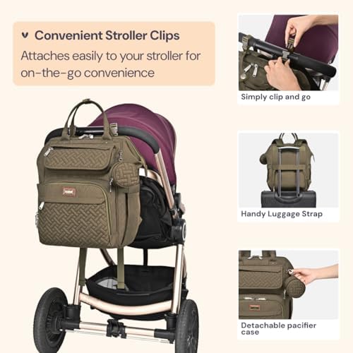 BabbleRoo Diaper Bag Backpack, Multifunction Nappy Changing Bag with Changing Pad, Stroller Straps & Pacifier Case, Unisex Stylish Travel Back Pack for Moms & Dads - Army Green - Image 6