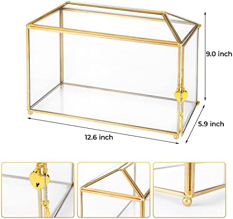 Glass Wedding Card Box with Lock, 12.6x5.9x9 inches Large Gold Card Boxes for Wedding Reception, Keepsake Display, Graduation, Party Centerpiece Decorative Box - Image 2