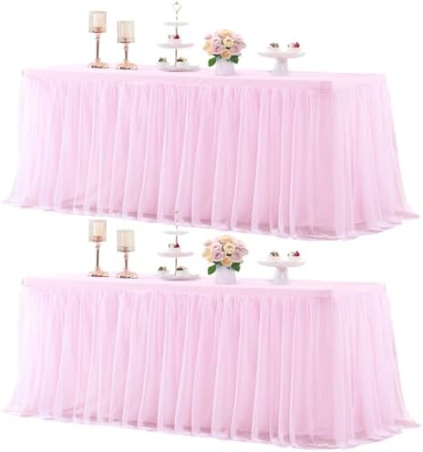 2 Pack 8ft Pink Tablecloths for Rectangle Tables, 8 Foot Pink Rectangular Table Cloth, Wrinkle Free Table Cover with Tutu Skirt for Baby Shower Girls Birthday Party Banquet Buffet Cake Decorations by Suppromo