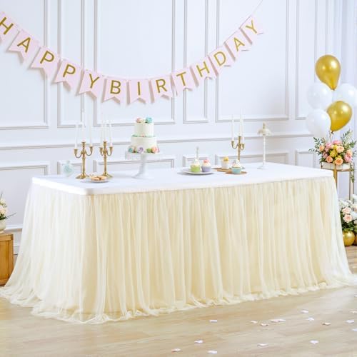 Suppromo 14ft Champagne Table Skirts for Rectangle Tables or Round Tables Champagne Tulle Tutu Table Cloths Cover for Birthday Party Wedding Baby Shower Dessert Cake Table Decorations - Image 2
