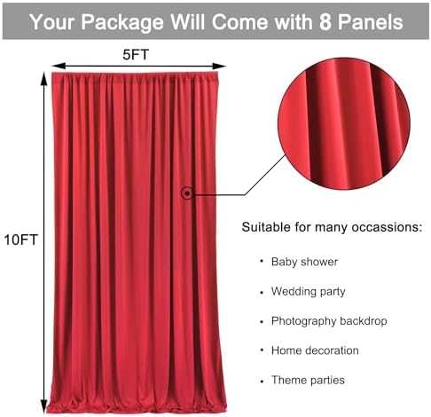 40ft x 10ft Wrinkle Free Red Backdrop Curtains for Parties, Polyester Photo Backdrop Drapes 8 Panels 5x10ft for Weddings Birthday Party Christmas Photography Background for Backdrop Stand - Image 5