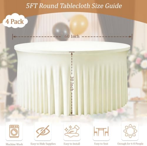 4 Pack Ivory Round Spandex Tablecloths, 5FT/60In Stretchy Table Cloth with Skirt, Washable Fitted Tablecloth, Circle Wrinkle Free Table Cover for Wedding Party Dining Banquet Event - Image 4