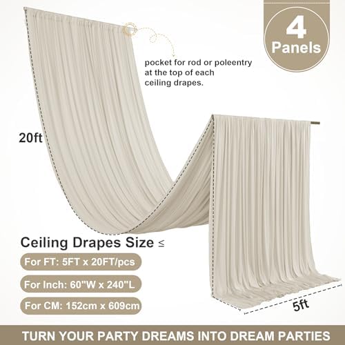 4 Panels 5ft(W) x 20ft(L) Beige Ceiling Drapes for Wedding Parties - Image 3