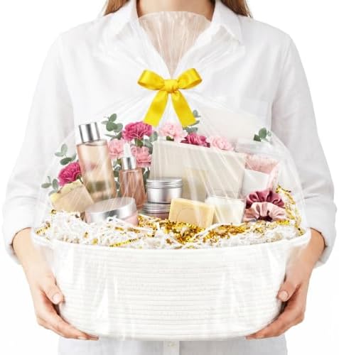 AFOROEOA 3 Pack Large Gift Baskets Empty with Handles, 17"x12.5"x7" Woven Storage Baskets with 3 Clear Bags & 3 Ribbons, 3 Bags Crinkle Paper Shred, Baskets for Baby Shower Home Decor - White by AFOROEOA
