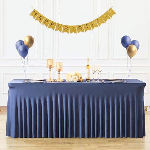 Suppromo 8ft Navy Blue Spandex Table Cloths for Rectangle Tables Wrinkle Free Rectangle Tablecloths, Stretch Fitted Table Cover with Skirt for Birthday Party Wedding Banquet Baby Shower Buffet Event by Suppromo