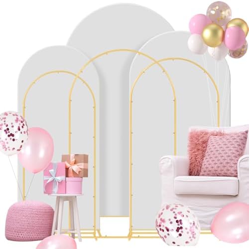 Gawicpy Wedding Arch Backdrop Stand Set Metal Arch Backdrop Stand with Wedding Arch Cover, Wedding Balloon Arch Backdrop Stand for Birthday, Baby Shower, Anniversary (White, 5.9FT+6.6FT+7.2FT) by Gawicpy