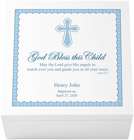 Let's Make Memories Personalized Keepsake Box for Blessed Child - Memories Box - Baptism - Confirmation - Memento Storage - For Boys - 6" Hx12 Sq - God Bless - Blue by LetsMakeMemories