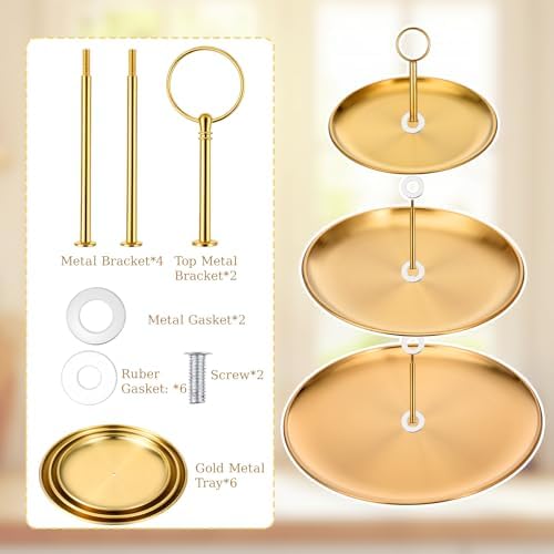 2 Pcs 3 Tiered Gold Cupcake Stand 3 Tier Stainless Steel Cupcake Stand with Removable Tiered Tray Gold Tiereds Dessert Stands Party Serving Trays Golds Cake Holder for Weddings Birthdays Decorations - Image 3