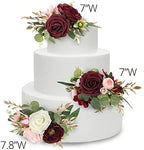 Rinlong 3Pcs Premade Cake Flowers, Burgundy Wedding Cake Decor - Image 3
