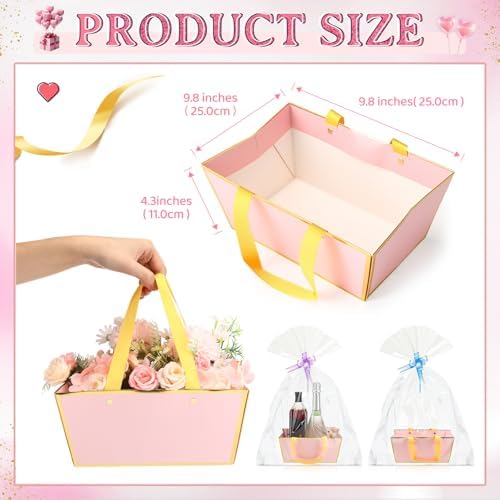 Tuanse 30 Pcs Basket for Gift Empty DIY Bulk Gift Basket Kit with Handle Kraft Cardboard Tray with 30 Bag 30 Bow Market Tray for Wedding Party, Pink, 9.8 x 6.7 x 4.3 in - Image 2