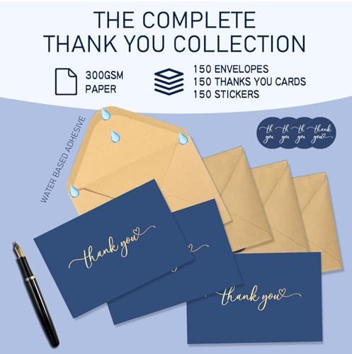 150 Pack Thank You Cards with Envelopes & Stickers Navy Blue - Image 3