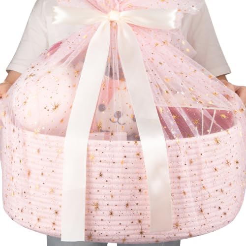 OIAHOMY Large Gift Basket Empty 18.5" x 13.8" x 7.5", Storage Basket with Gift Bag, Ribbon and Glitter Tulle for DIY Anytime, Toy Storage for Kids, Dogs with Handles in A Stylish Design - Pink by MasterofSpaceOptimization