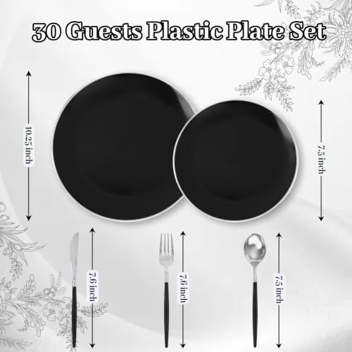 DaYammi 30 Guests Black Plastic Plates with Disposable Silverware,Silver Cutlery with Black Handle,Silver Disposable Dinnerware:60 Dinner/Dessert Plates,90 Plastic Silverware Set for Party Wedding - Image 2