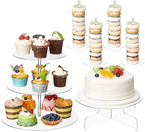 Pinkunn 6 Pcs Acrylic Cake Stand Set, 3-Tier Tower with Donut Holders by Pinkunn