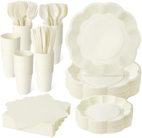 350 Pcs Ivory Scalloped Disposable Plates Tableware Set for 50 Guests by COSINIA