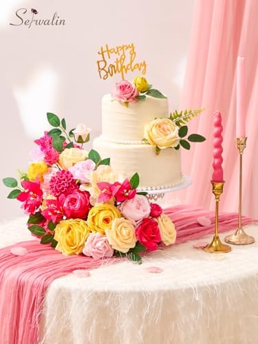 Serwalin Artificial Hot Pink Yellow Flowers Magenta Silk Flower for Wedding - Image 4