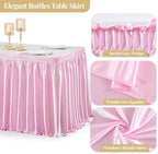 Wish Care 14ft Pink Satin Table Skirt for Rectangle Tables Wrinkle Free Teacher Desk Skirt Glitter Ruffle Table Skirting Cloth for Back to School Classroom Office Dorm Girls Birthday Party Table Decor - Image 4