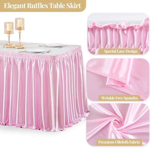 Wish Care 14ft Pink Satin Table Skirt for Rectangle Tables Wrinkle Free Teacher Desk Skirt Glitter Ruffle Table Skirting Cloth for Back to School Classroom Office Dorm Girls Birthday Party Table Decor - Image 4