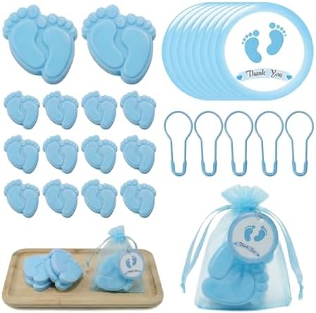 50 Sets Baby Feet Scented Soap Baby Shower Favors for Guests Blue Mini Handmade Soap with Thank You Tags, Organza Bags and Pins for Gender Reveal Birthday Party Supplies (50, Blue) by floofzoo