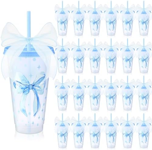 Willinglong 24 Blue Bow Cups with Lid Straw Galentines Party Favor 24 oz by Willinglong