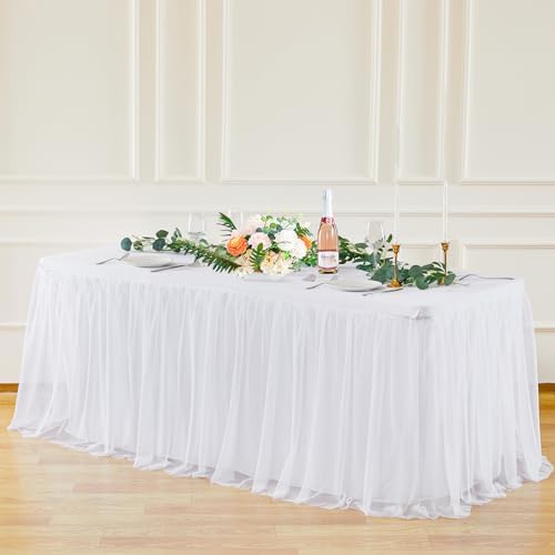 White Tulle Tablecloth for 8 Foot Rectangular Tables 8ft White Table Cloth Rectangle Wrinkle Free Stretch Table Cover with Tutu Skirt for Wedding Birthday Party Banquet Buffet Cake Event Desk Skirt - Image 2