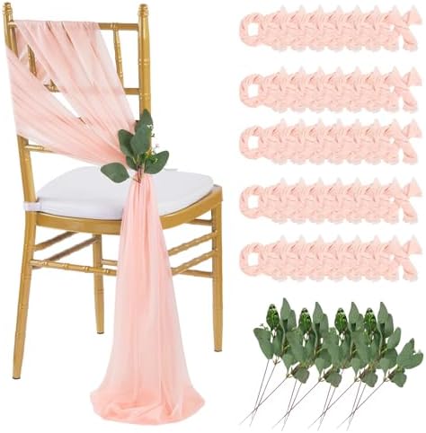 QueenDream Blush Sashes Wedding Decorations: 50PCS Tulle Chair Cover Bands Aisle Sheer Chair Bows for Birthday Party Banquet by QueenDream