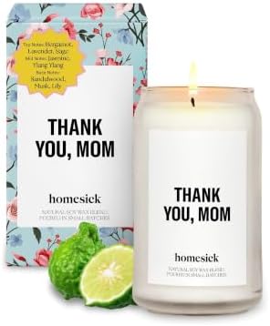 Homesick Thank You Mom Candle – 13.75 oz Scented Candle in Sage Sandalwood Soy Wax Blend, Non-Toxic, 80 Hr Burn with Organic Cotton Wick, Reusable Jar – Best Wedding & Engagement Gifts for Couples by Homesick