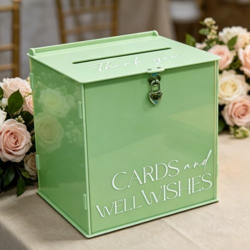 Acrylic Card Box with Lock & Slot, Sage Green Wedding Card Boxes for Reception Monetary Envelope Cash Gifts, Large Gift Cards Holder Box for Graduation Bridal Baby Shower Party Supplies by SOFARKKTPARTYCARDBOX
