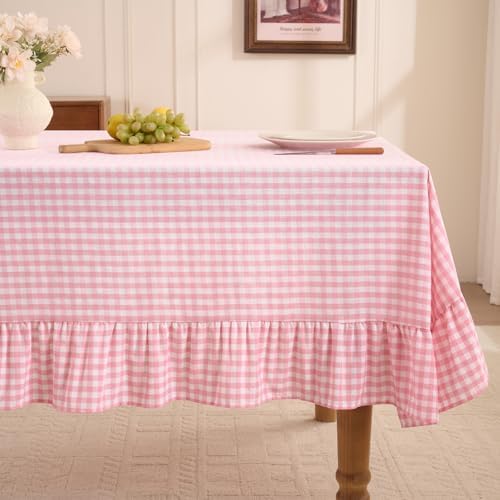 Romanstile Gingham Ruffled Tablecloth Rectangle, 60 x 102 Inch, Pink by Romanstile