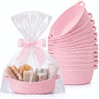 Pink 12 Set Small Woven Gift Basket with Gift Bags Ribbons Empty Gifts Baskets Woven Rope Storage Basket with Handles for Birthday Baby Shower Nursery Toy Organizer 9.1"x 5.1" x 2.8" by Yiyiring