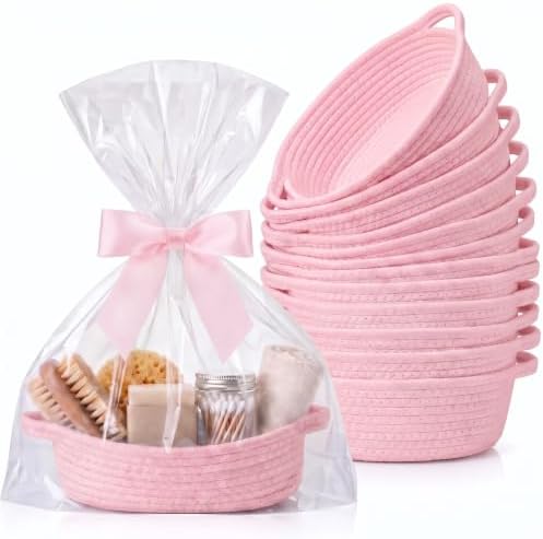 Pink 12 Set Small Woven Gift Basket with Gift Bags Ribbons Empty Gifts Baskets Woven Rope Storage Basket with Handles for Birthday Baby Shower Nursery Toy Organizer 9.1"x 5.1" x 2.8" by Yiyiring
