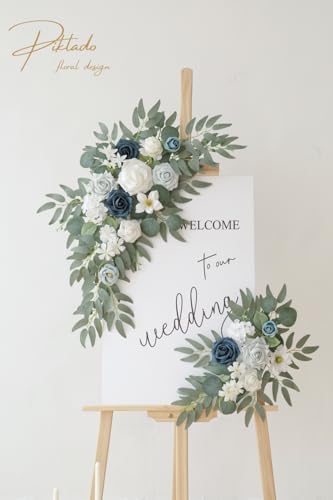Faux Flower Swag Set of 2 for Wedding Welcome Signs Floral Swag Wedding Reception Ceremony Signs Decor (A-White Blue) - Image 2