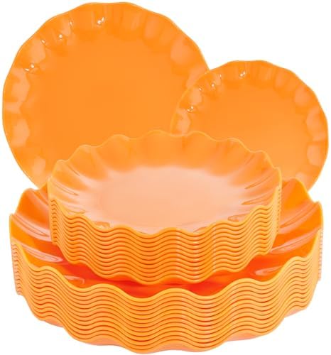 LIYH 24 Orange Plastic Plates Reusable for Thanksgiving Halloween 12 Guests by LIYHLoveinyourheart