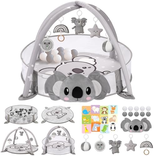 7-in-1 XL Large Baby Play Gym Mat, Tummy Time Mat, Baby Gym & Ball Pit, Baby Activity Mat with Milestone Cards & 6 Detachable Toys for Sensory Motor Skill, Grey Koala by Unknown