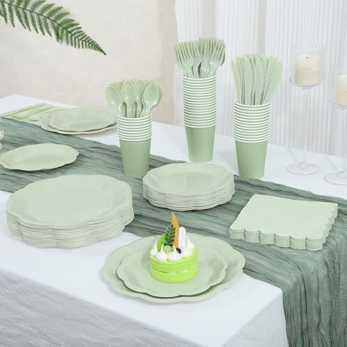 350 Pcs Sage Green Paper Plates and Napkins Disposable Tableware Serve 50 - Image 4