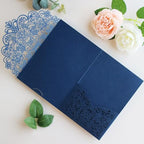Hosmsua 50PCS Navy Blue Laser Cut Wedding Invitation Pocket, 5.12 x 7.2 Flora Invitation Pockets with Envelopes for Wedding Bridal Shower Sweet 16 Invite (No Inner Sheet) - Image 2