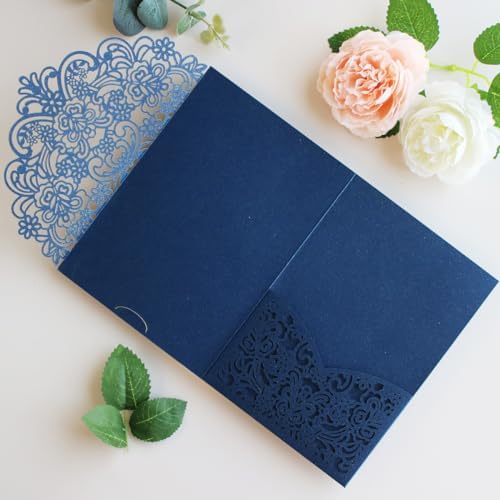Hosmsua 50PCS Navy Blue Laser Cut Wedding Invitation Pocket, 5.12 x 7.2 Flora Invitation Pockets with Envelopes for Wedding Bridal Shower Sweet 16 Invite (No Inner Sheet) - Image 2
