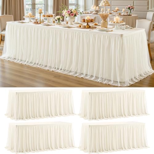 4 Pack Ivory Tablecloth for 8 Foot Rectangle Tables with Tulle Table Skirt by PartyTalk