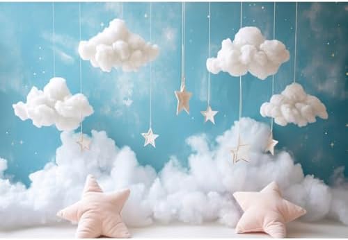 YongFoto Cute Sky Clouds Star Blue Backdrop 20x10ft Kids Photography Background Boy Girl Birthday Baby Shower Cradle Ceremony Party Banner Child Portrait Photoshoot Wallpaper Photo Studio Booth Props by YongFoto