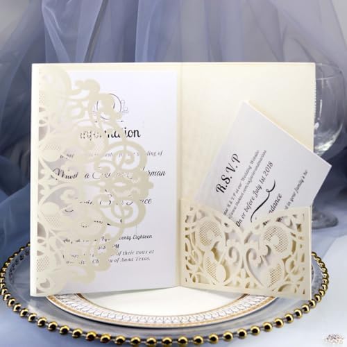 50PCS 3D Lace Flower Laser Cut Wedding Invitation Cards with Envelope Blank Inner Sheet Hollow Out Flower Shape Invitations for Wedding Quinceanera Birthday Shower Engagement Party 04 by Ykybhx