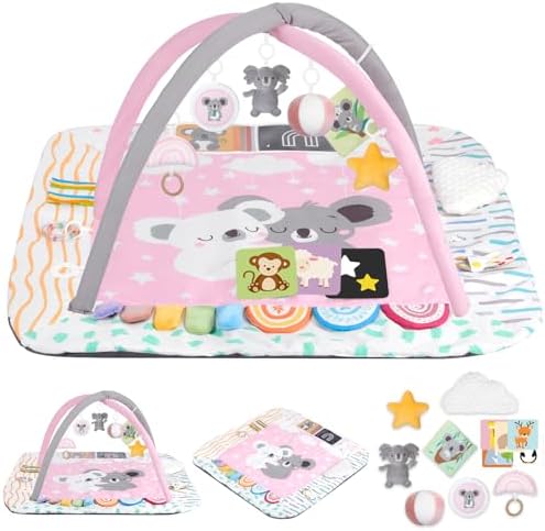 Baby Play Mat Activity Gym, 6 Developmental Zones Tummy Time Mat, 6 Detachable Sensory Toys and Educational Cards, Essential Baby Shower Set, Pink Koala by Unknown