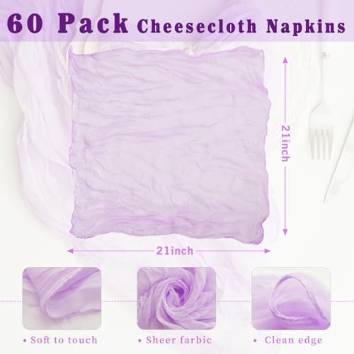 60 Pack Lilac Cloth Napkins 21x21 Inches Lilac Cheesecloth Napkins Set of 60 Washable Dinner Table Napkins for Wedding Bridal Baby Shower Rustic Boho Cotton Gauze Family Gathering Table Decor - Image 3